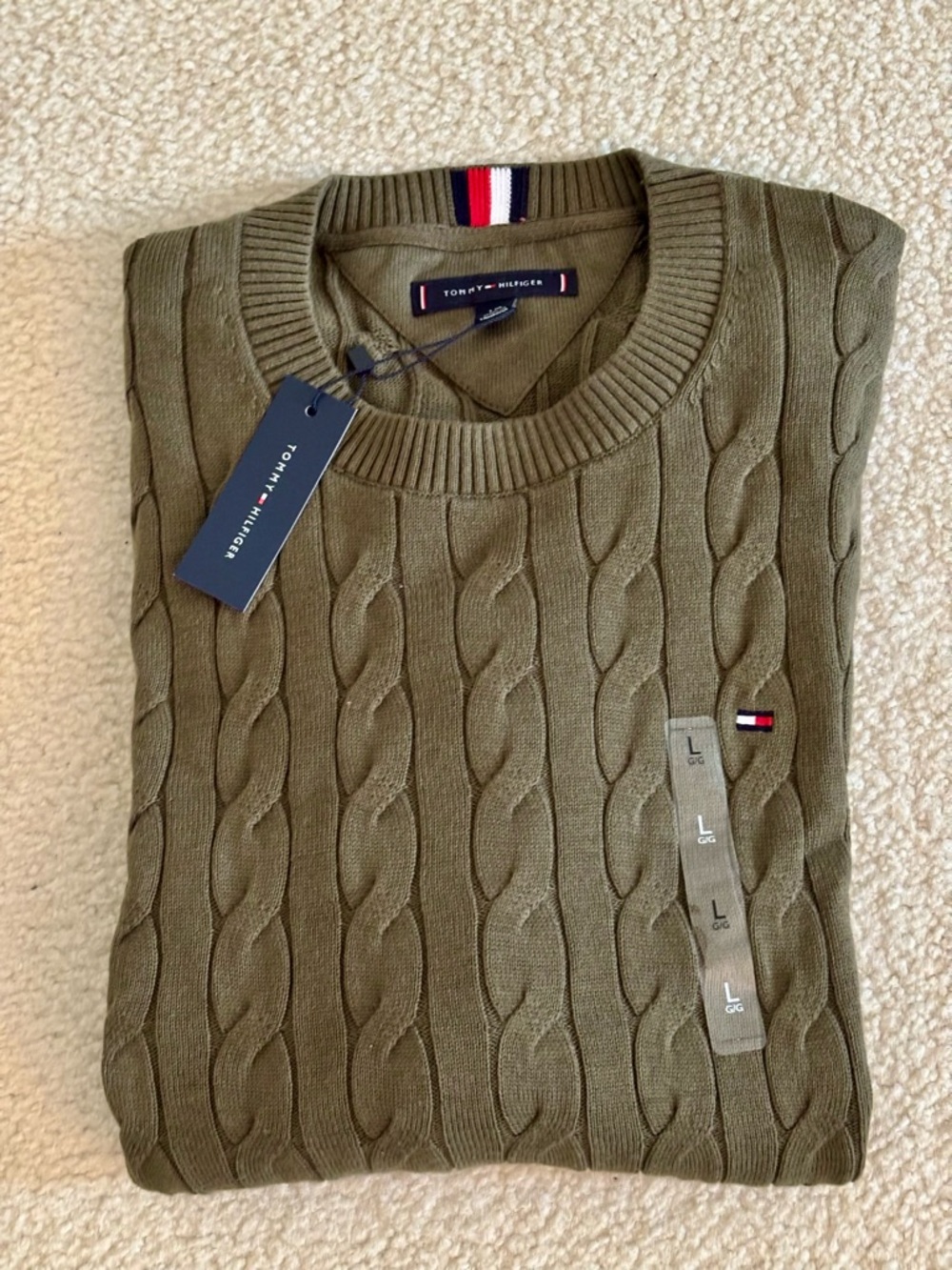 NWT Tommy Hilfiger Men’s Olive Cable Crewneck Sweater Size L